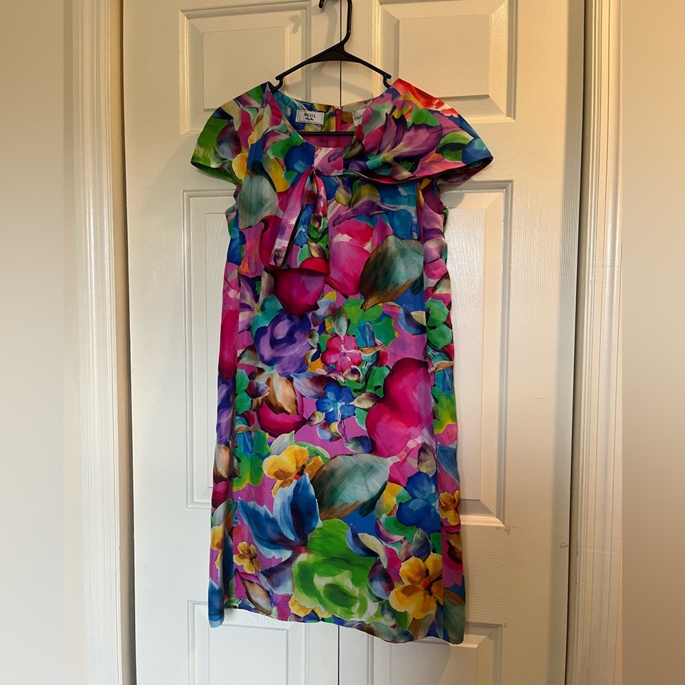 Vintage Weill fine feathers colorful floral silk dress size 4 bin1